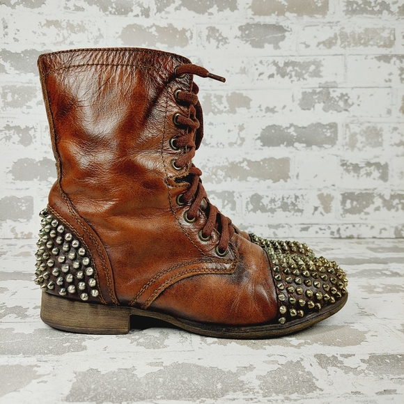 Steve Madden Tarnney Brown Leather Side Zip Lace Up Studded Combat Boots i764 - Picture 5 of 11